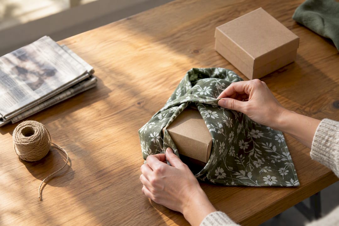 Hands folding reusable fabric gift wrap
