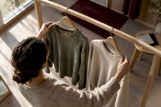 Shopper comparing garments for sustainable choice