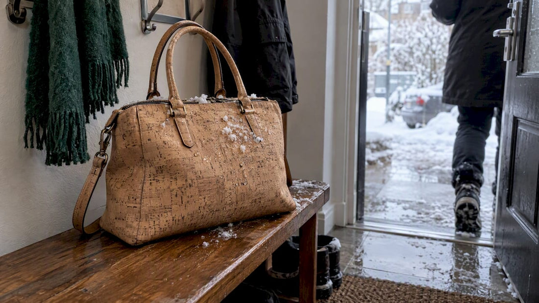 Cork handbag after snowy winter commute