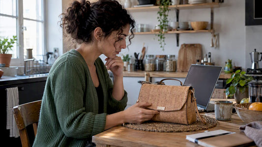 Shopper checking a cork handbag before buying