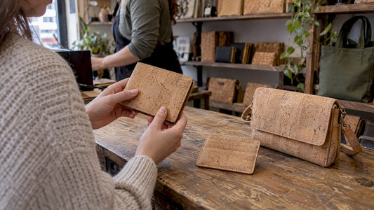 Shopper comparing vegan cork accessories