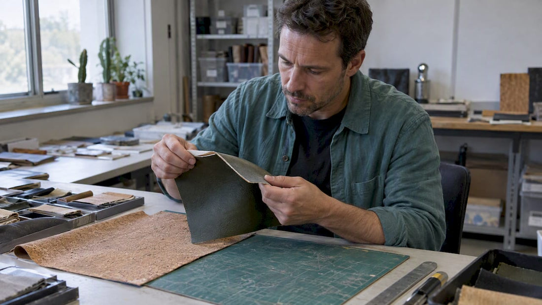 Buyer inspecting cactus leather backing and cork fabric