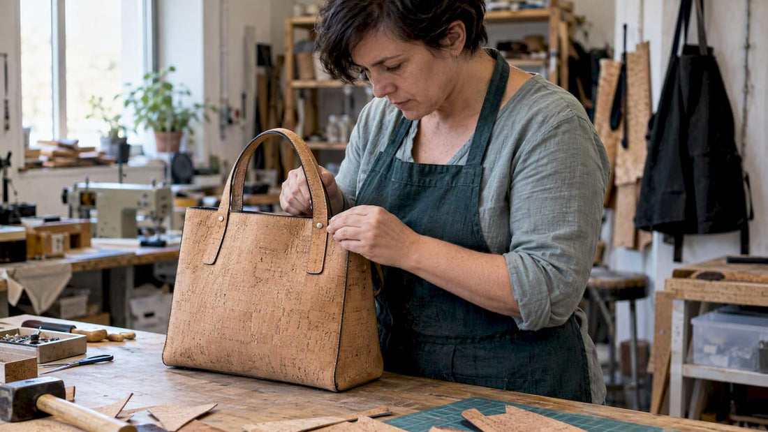 Maker checking stitching on a cork handbag