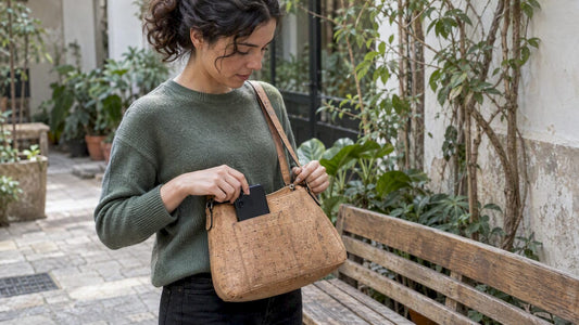 Shopper checking phone fit in cork purse