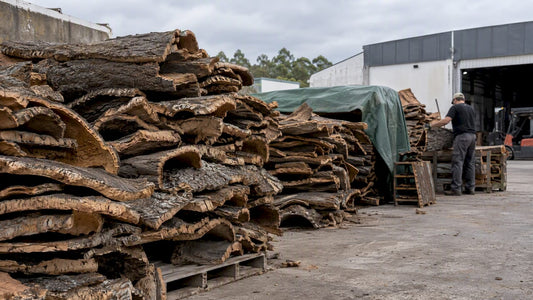 Raw cork bark stacked at a Portuguese processing yard