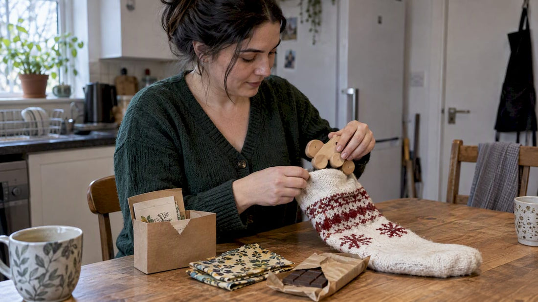 Sustainable gifts being placed into a stocking