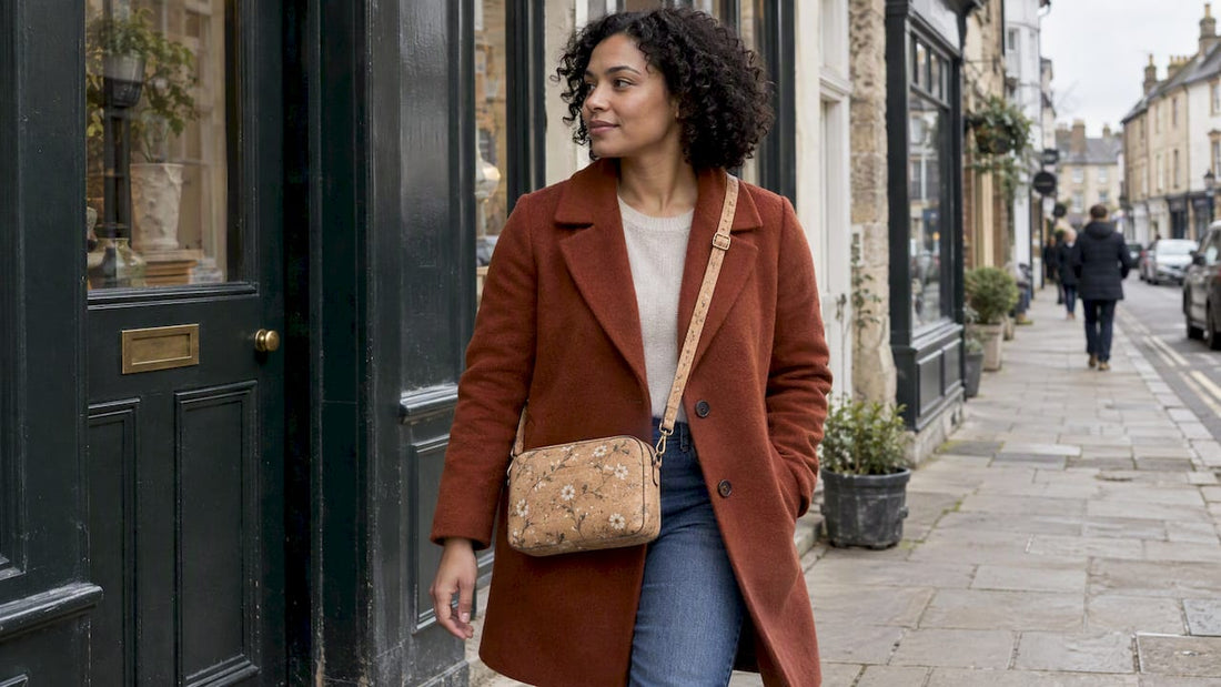 Woman wearing a floral cork crossbody bag