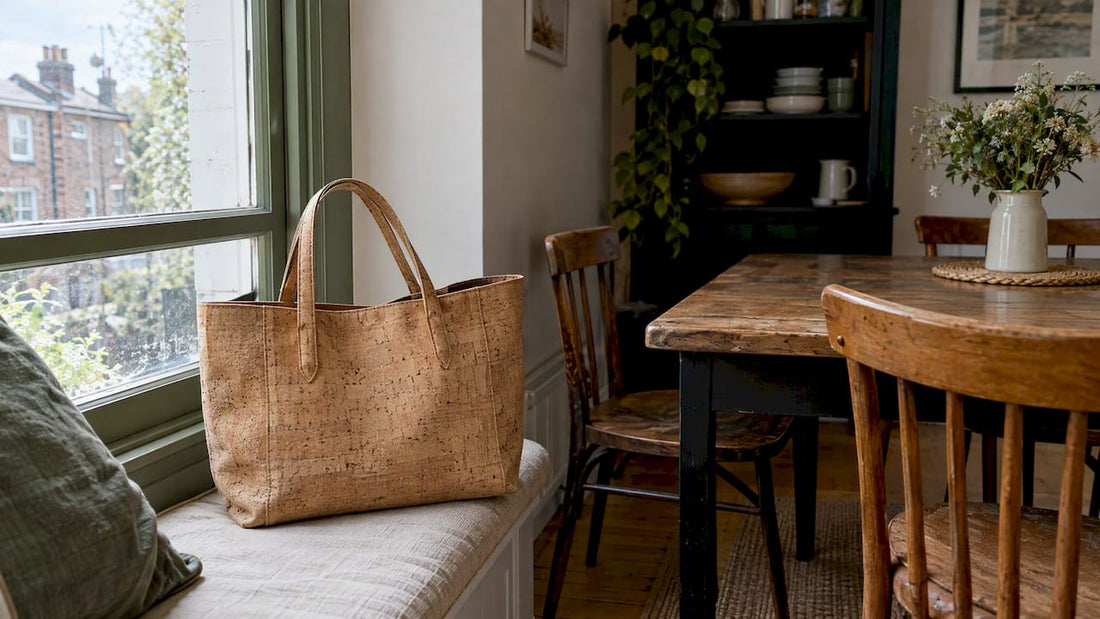 Cork tote showing its natural bark grain