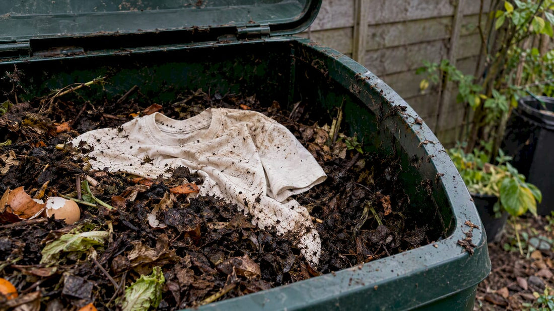 Undyed cotton shirt resting in active garden compost
