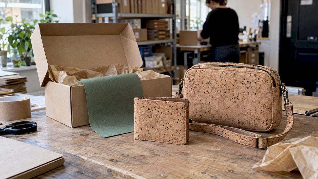 Cork wallet and bag beside gift box