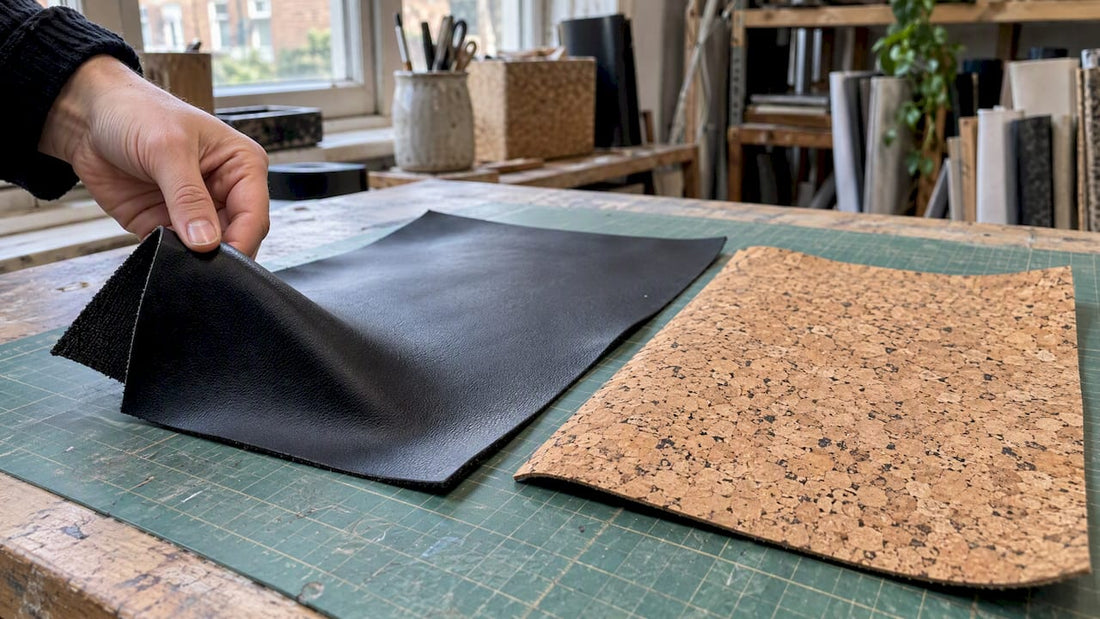 PU leather and cork fabric samples side by side
