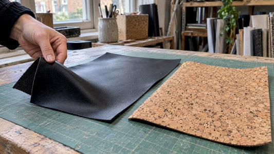 PU leather and cork fabric samples side by side