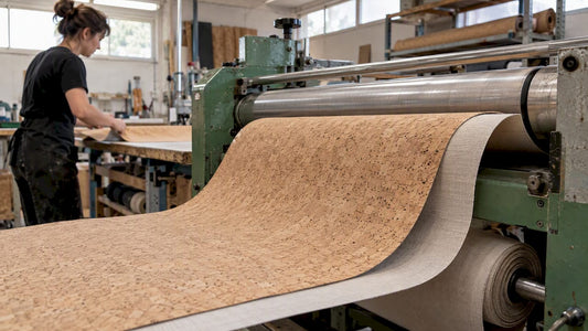 Cork sheet bonded to backing through rollers