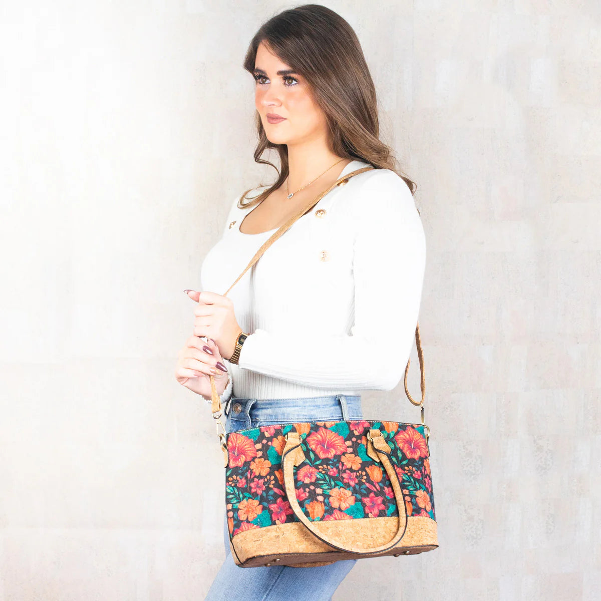 Womans Vintage Style Printed Cork Handbag